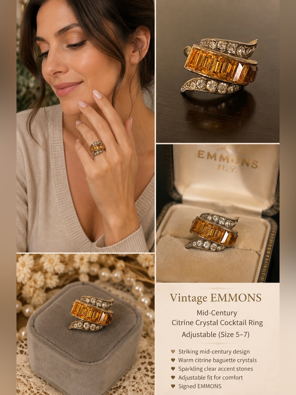Vintage EMMONS Mid-Century Citrine Crystal Cocktail Ring | Adjustable (Sz 5–7)